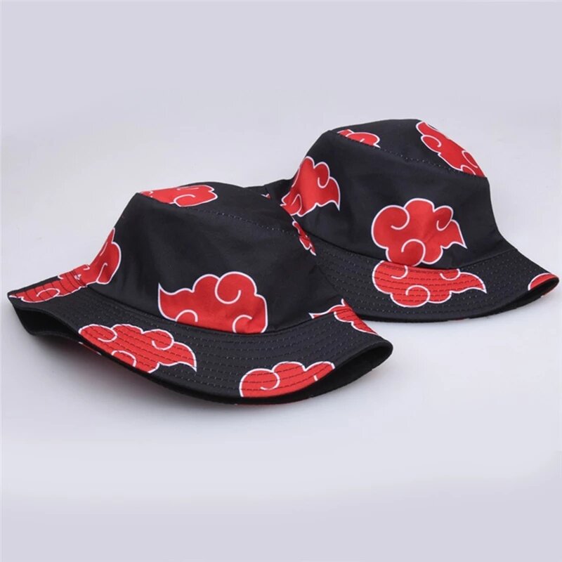 Topi Bucket Cetak Mode untuk Wanita Pria Topi Nelayan Cloud Merah Luar Ruangan Musim Panas Topi Datar Akatsuki Panama Anime Jepang Katun