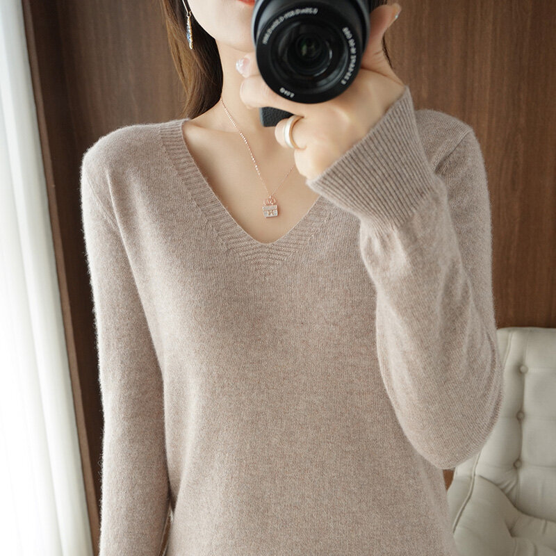 女性用長袖カシミヤセーターセーター,ゆったりとしたVネックセーター,カジュアル,韓国ファッション,秋冬