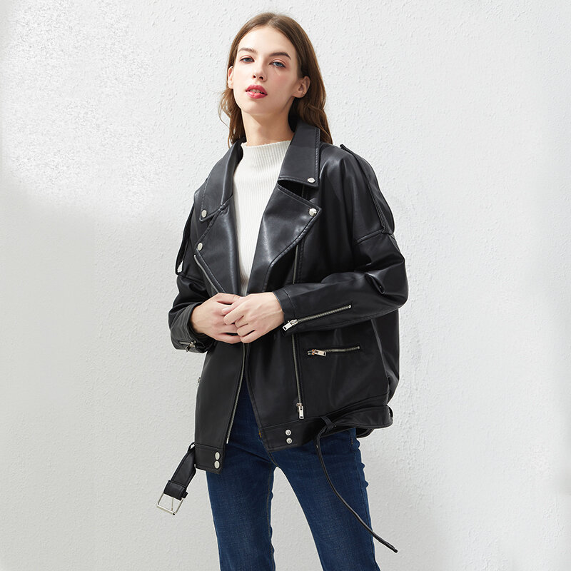 2021 mulheres jaqueta de couro do falso frouxo faixas casuais motociclista jaquetas outwear feminino encabeça bf estilo casaco de couro preto