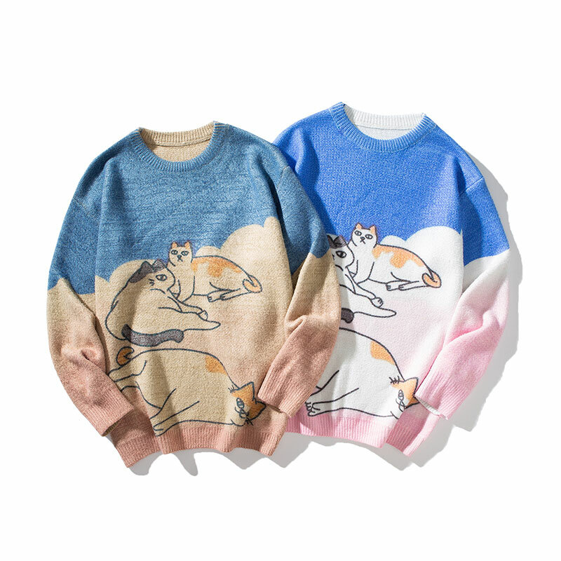 Sweter Jelek Baru Jumper Pola Kucing Peliharaan Abstrak Pullover Harajuku Kaus Rajutan Lucu Pakaian Desainer Pakaian Pria Musim Dingin
