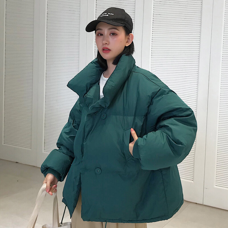 Jaket Musim Dingin 2021 Gaya Korea Wanita Kerah Tegak Mantel Bawah Perempuan Hitam Putih Solid Longgar Jaket Pendek Wanita Ukuran Besar