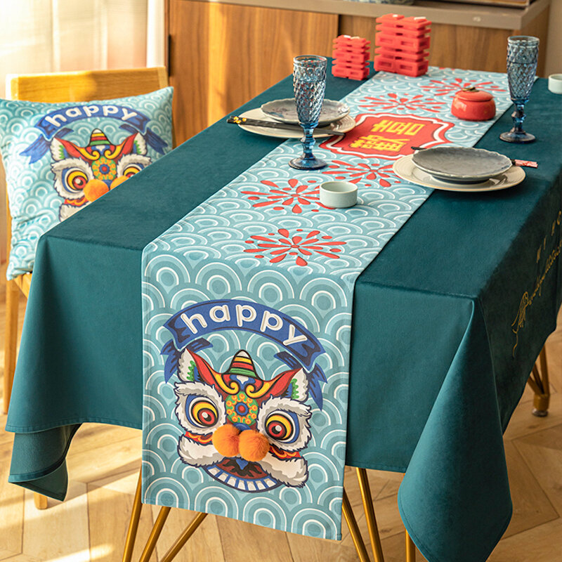 DUNXDECO Table Runner Party Dinner Tablecloth  Joy Chinese Traditional Dance Lion Embroidery Soft Waterproof Table Cover Fabric