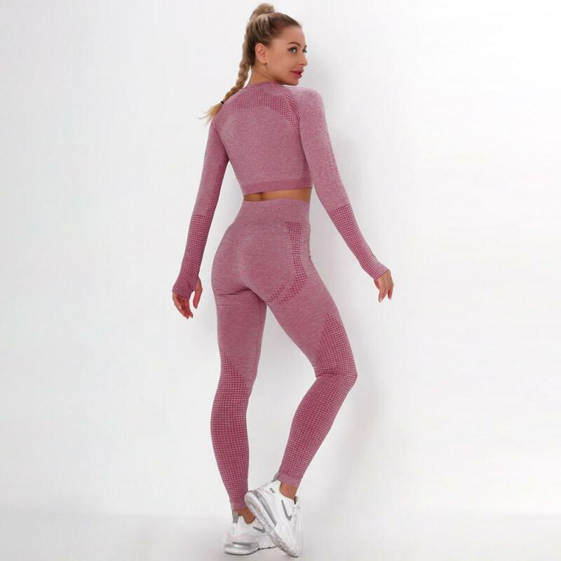 Set Yoga 2 Buah Setelan Olahraga Gym Legging Mulus Wanita Atasan Crop Push Up Atasan Wanita Lengan Panjang Atasan Pakaian Olahraga Kebugaran Pakaian Olahraga