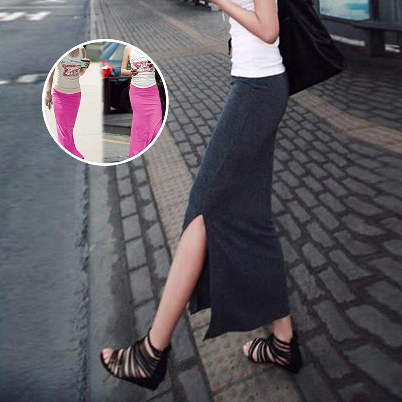 Solid Katun Campuran Tipis Wanita Kasual Musim Panas Pensil Rok Panjang Maxi Hip Lurus Slim Modal Pinggang Tinggi