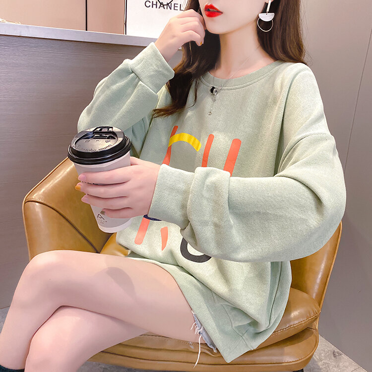 Jesień nowy koreański styl luźne Plus-size O Neck drukowany napis cienkie bluzy z długim rękawem Casual bluzy typu Oversized 260A
