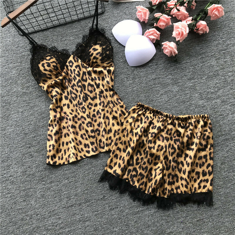 Lisacmvpnel conjunto de pijama feminino manga longa moda de gelo seda estampa de leopardo