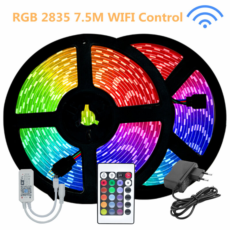 Wifi controlador led tira de luz não impermeável rgb 2835 7.5m ue plug night background decoração flexível luminosa para sala