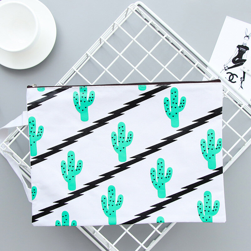 Creative cactus grid file bag zipper Oxford cloth file bag large capacity handbag Stationery office supplies for students