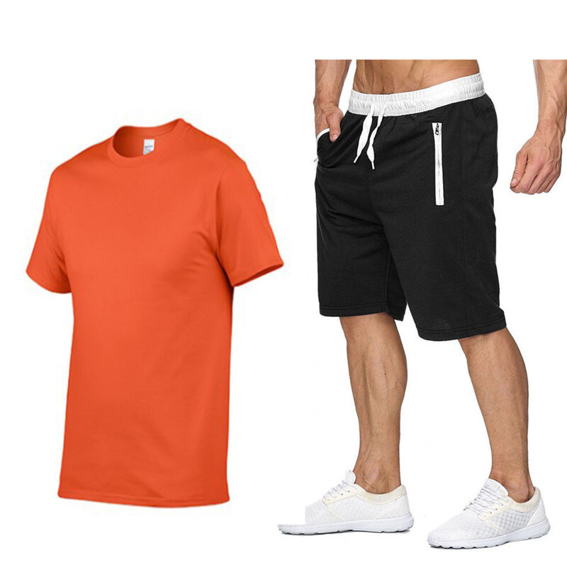 الصيف موضة الرجال ملابس رياضية الشاطئ قصيرة الأكمام تي شيرت 2 قطعة مجموعة أسود 14 ألوان المعتاد S-2XL