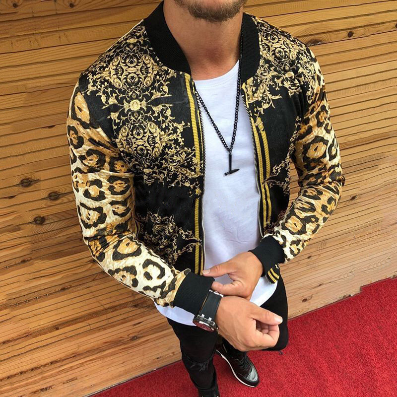 Chaqueta ajustada con estampado de leopardo para hombre, ropa informal con cuello redondo, Otoño, 2021