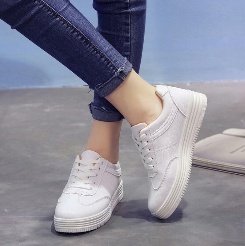 Tênis plataforma para mulheres, sapato casual da moda em couro branco