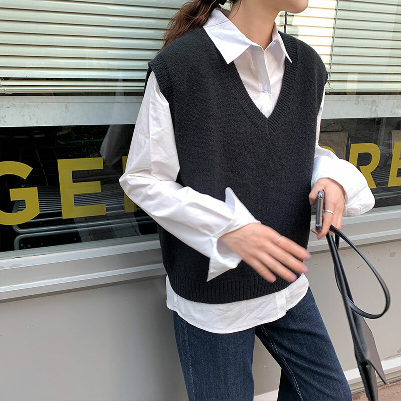 Suéteres sin mangas de punto para mujer, jerséis de estilo coreano con cuello en v, color sólido, X1086, otoño e invierno, 2019