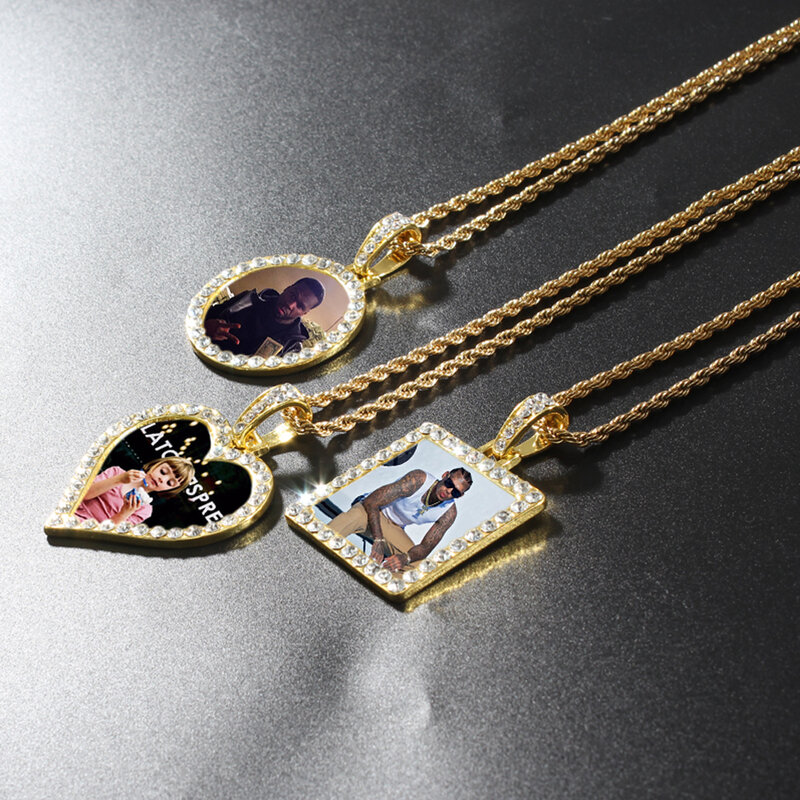 Médaillon Photo personnalisé, pendentif carré rond en forme de cœur, chaîne en acier inoxydable, bijoux Hip Hop, cadeau en Zircon cubique