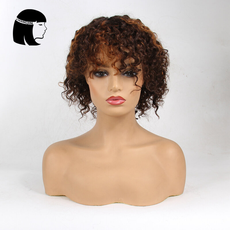 Chang Jin-Peluca de cabello humano para mujer, hecha a máquina, con colores resalta, rizada, brasileña, Remy