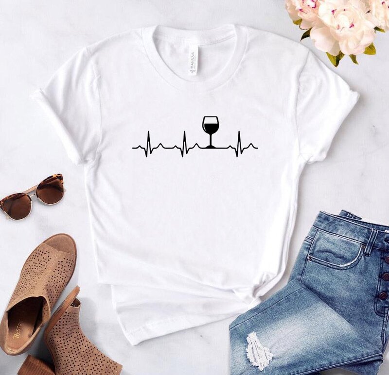 Camiseta con latido del corazón de vino para mujer, camiseta divertida informal de algodón para mujer, camiseta para chica, camiseta de mayor calidad, envío directo