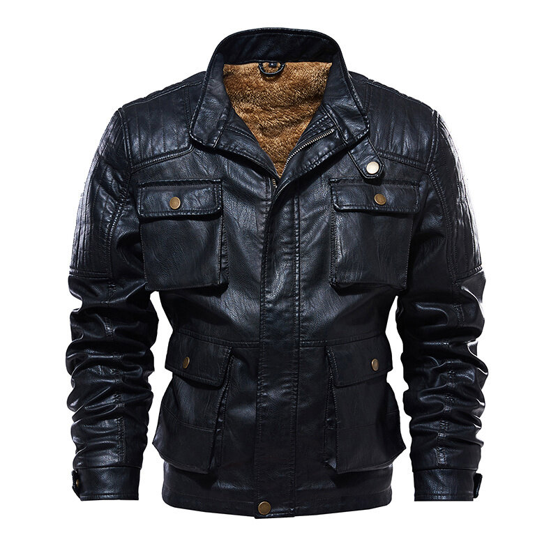 Veste de moto épaisse en cuir pour hommes, coupe-vent Vintage multi-poches, doublure en laine, grande taille, hiver L-5XL