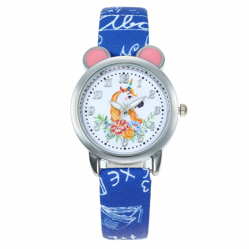 Relógio infantil de quartzo, relógio de pulso com pulseira de couro de unicórnio, relógio clássico de quartzo para meninos e meninas