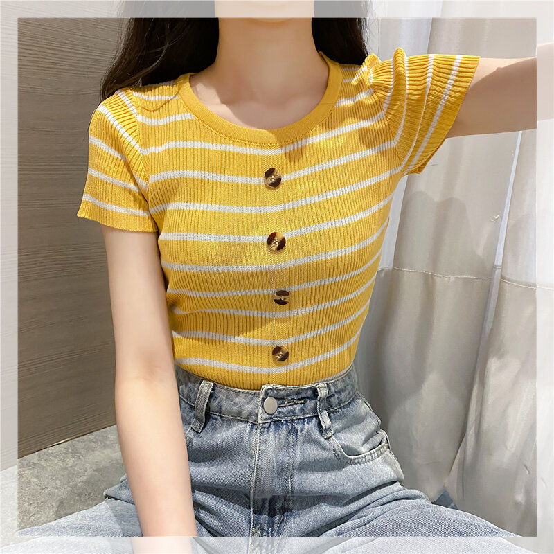 CMAZ New T Shirt Women Striped Tops Slim Fit Tees Streetwear Summer T-shirt Short Sleeve Korean Clothes Yellow Tops 1708#