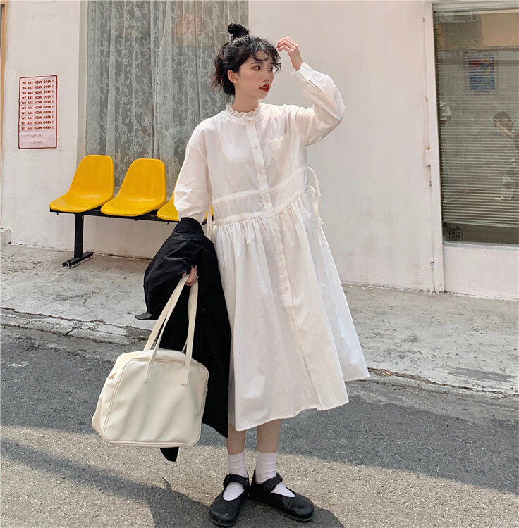 Vestidos de algodón con solapa blanca para chica joven, ropa holgada de manga larga y cintura alta, color sólido, para primavera, 92F, 2021
