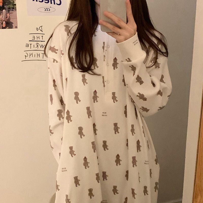 QWEEK Korean Style Kawaii Bear Print Nightdress Women Nightgowns Buttons Sleepwear Spring Autumn Girls Home Clothes Soft Loose