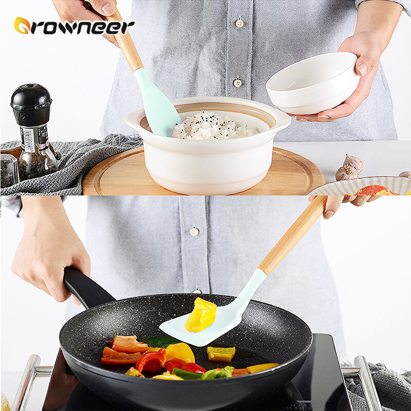 9/11Pcs Silicone Kitchen Set Wooden Cooking Accessories Spatula Ladle Spoons Heat Resistant Green Multifunction Utensils Tools