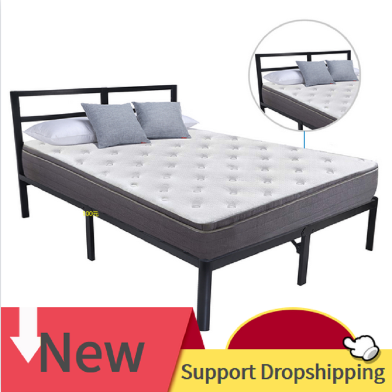 Marco de cama de Metal de tamaño completo, listones de madera, colchón cuadrado, barra Horizontal, cabeza de cama, cama de hierro, doble tamaño, base negra