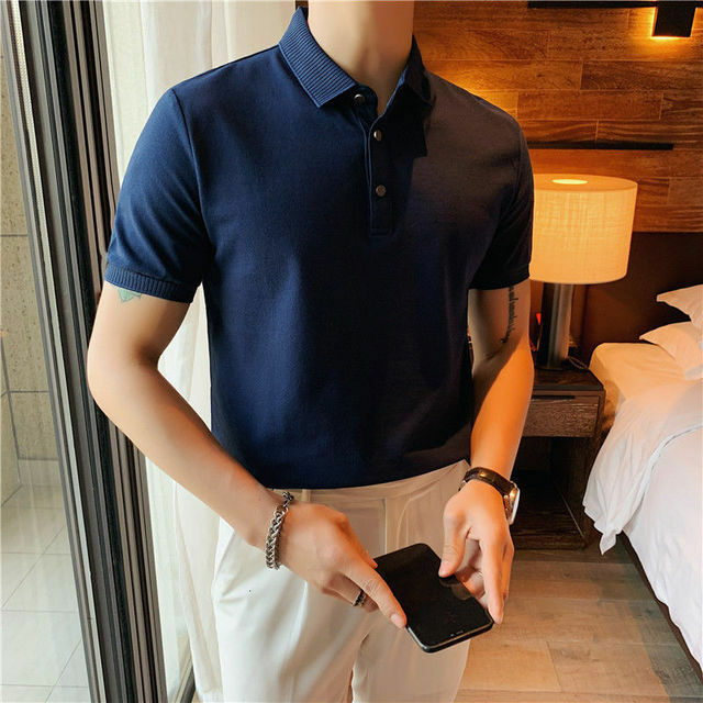 Мужская приталенная дышащая рубашка-поло с короткими рукавами
