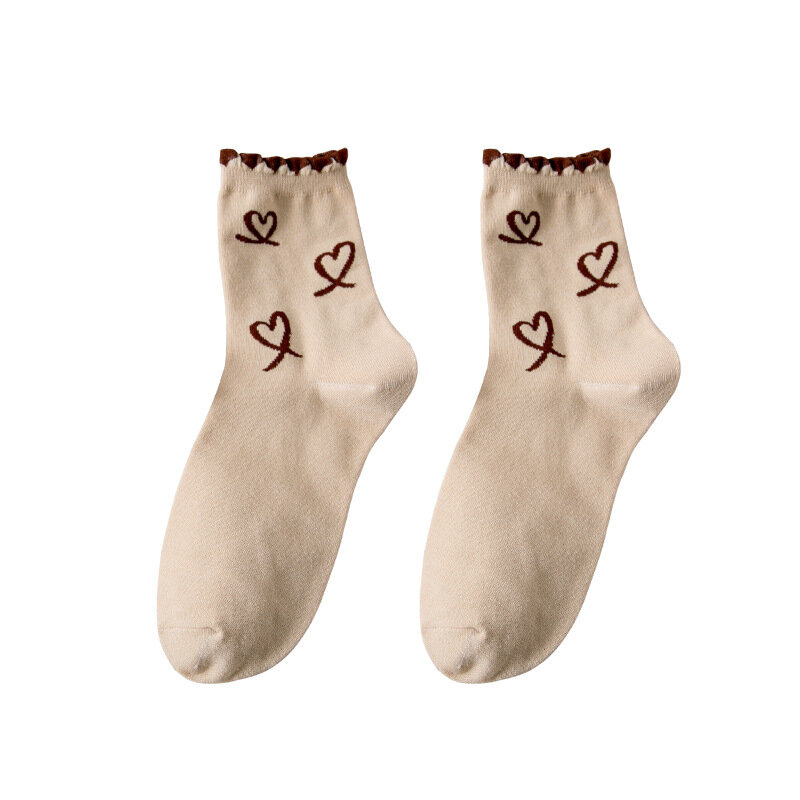 Women Fashion Cute Cotton Middle Tube Socks Personality High Quality Heart Print Stripes Dots Breathable Female Wear All Seasons