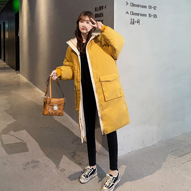 Chaqueta con capucha de algodón para mujer, chaqueta con capucha de algodón, versión coreana, temperamento suelto hasta la rodilla, novedad de invierno 2021