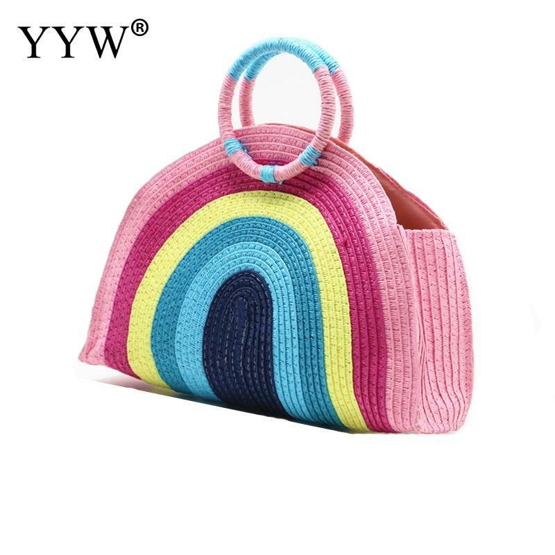 Женская пляжная сумка, ручная плетеная Сумка цвета радуги, летняя сумка, 2021