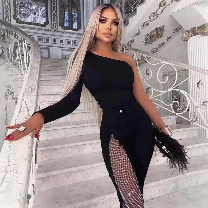 High Quality Black Bandage Hollow Out Romper Women Flare Jumpsuit Sexy One Shoulder Long Sleeve Bodycon Runway Party Jumpsuits