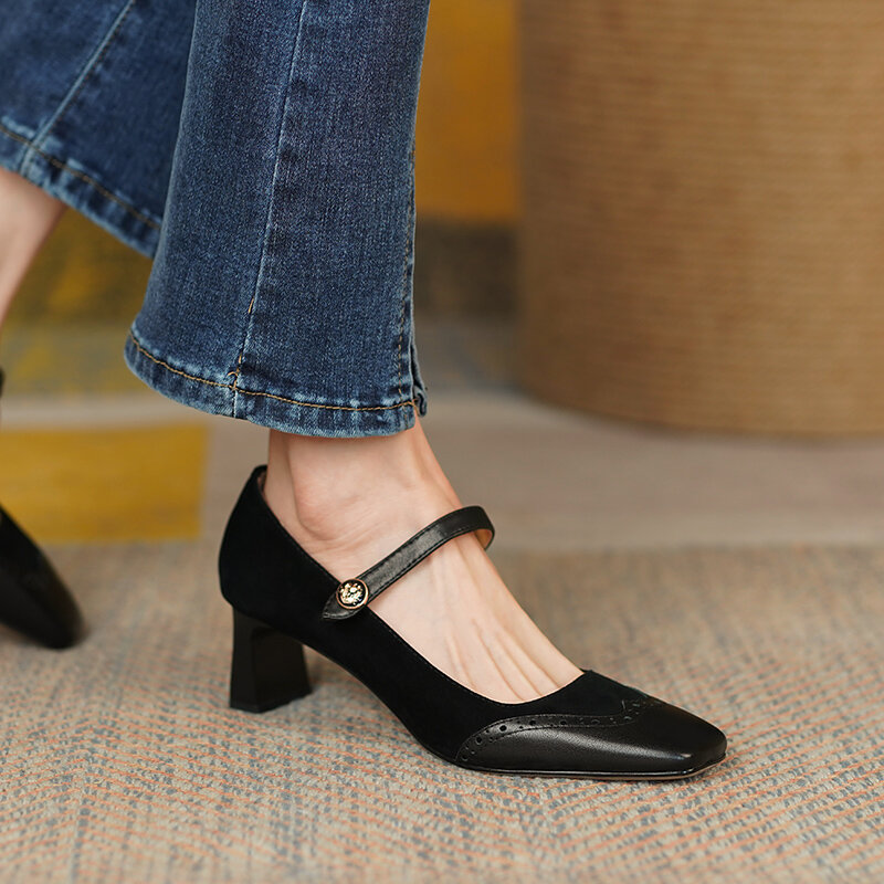 Zapatos de tacón de cuero Natural para mujer, calzado con parte superior de cuero de vaca, calado, Mary Jane, 22-2022 cm, 25,5