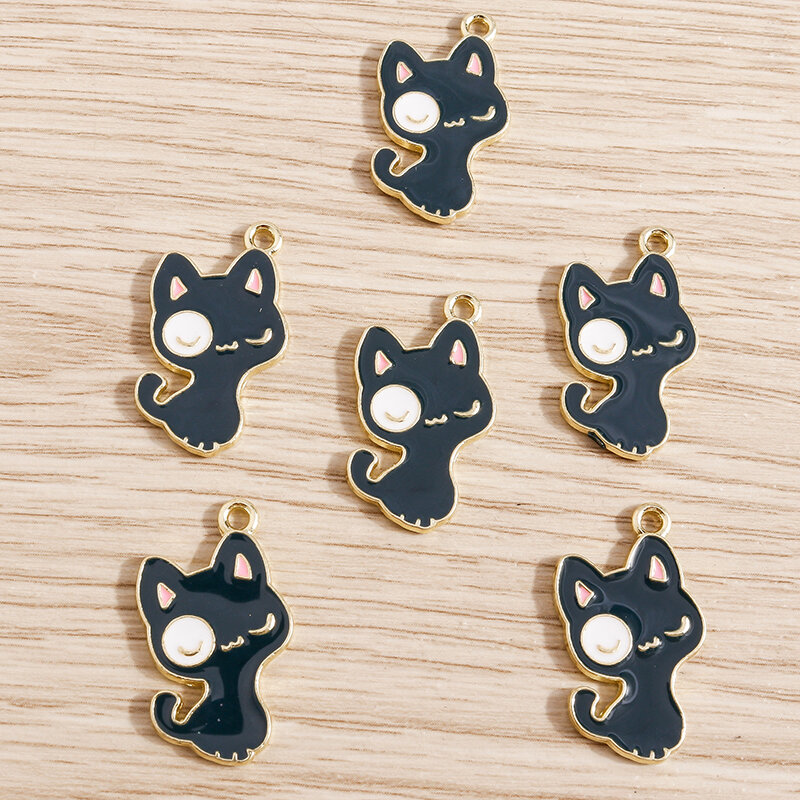 Breloques chat noir mignon, pour la fabrication de bijoux, en émail, pour colliers, boucles d'oreilles, Bracelets, pendentifs, artisanat, bricolage, 15x25mm, 10 pièces