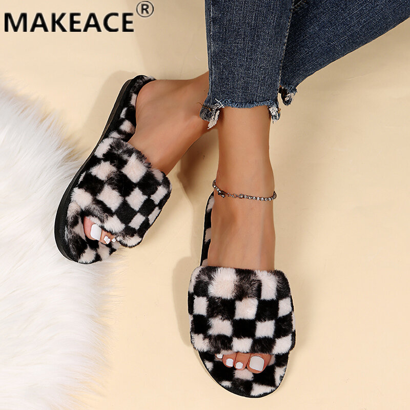 Winter Ladies Cotton Slippers Fashion Suede Plaid Warm Slippers Home Leisure Non-slip Bathroom Thick-soled Women's Shoes