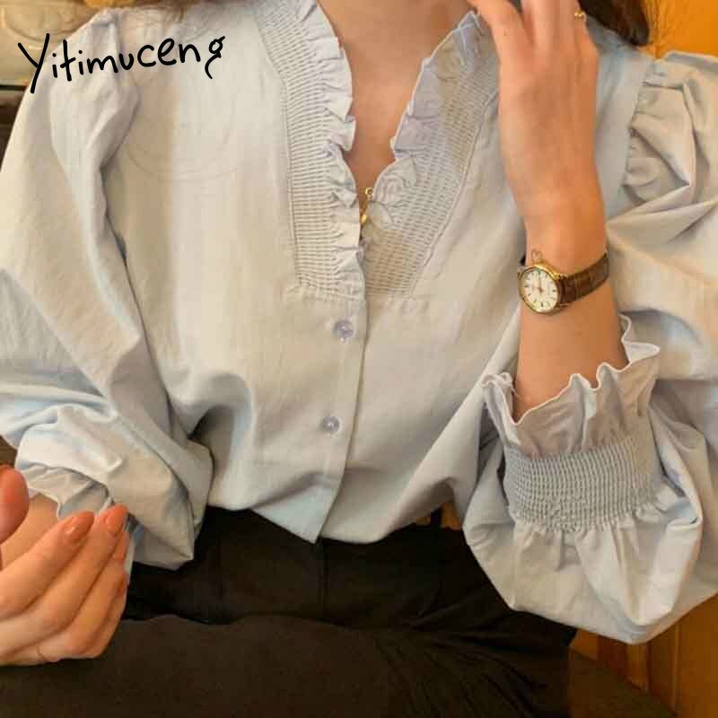 Yitimuceng زر حتى بلوزة المرأة قمصان كبيرة الحجم مضيئة كم الخامس الرقبة Unicolor السماء الزرقاء البيج 2021 الصيف الكورية بلوزات على الموضة