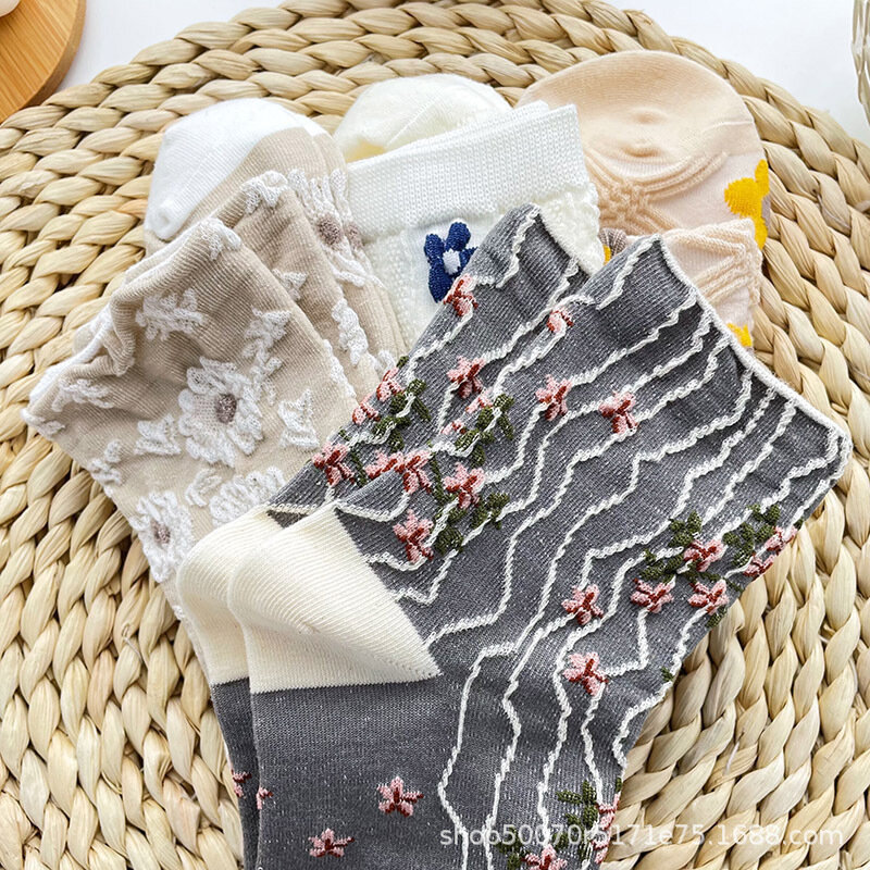 Calcetines Vintage con dibujos florales para mujer, medias de primavera y otoño, venta al por mayor, 4 unids/lote, 2022