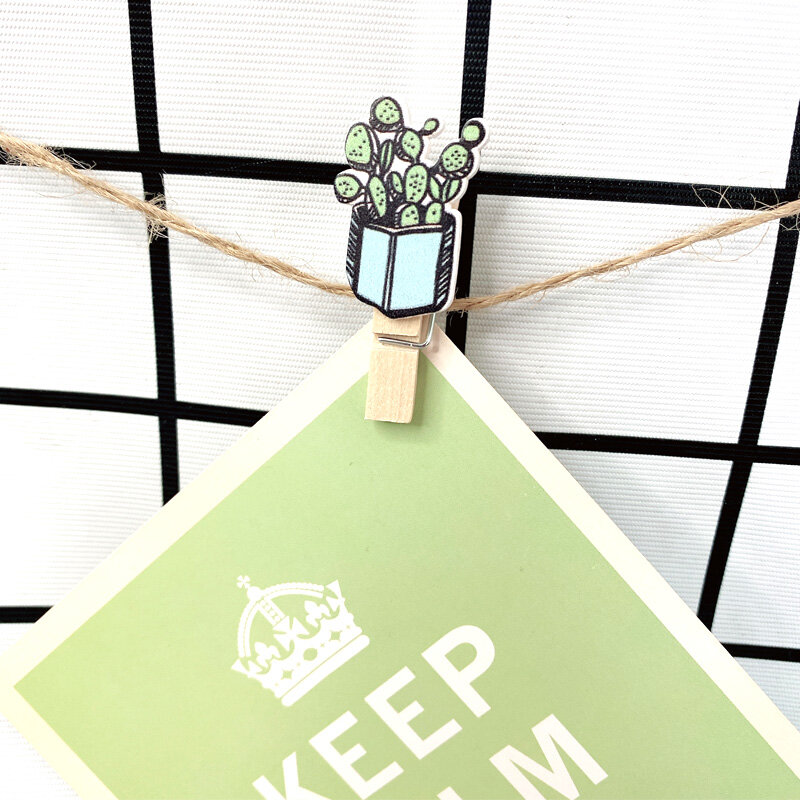 10Pcs Potted Cactus Mini Wooden Paper Clips green Bookmark for Album Memo Message Photo Clip With Rope Stationery Gifts