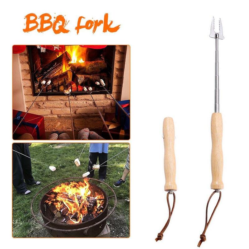 1Pc Stretchable BBQ Forks For Outdoor Camping Campfire Stainless Steel Wooden Handle Telescoping Barbecue BBQ Forks