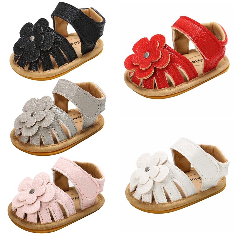 0〜24mの柔らかい革のサンダル,滑り止めの花,平らな幼児の靴,女の子のための夏の靴