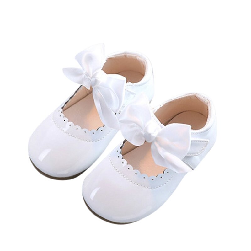 Chaussures en PU antidérapantes pour enfants filles, chaussures de princesse à nœud de danse, de fête, plates, décontractées, pour premiers pas