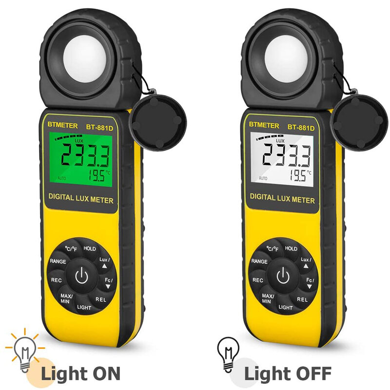 Btmeter medidor digital de iluminação, lux medidor de luz, 0.01 ~ 400,000 lux temperatura com sensor giratório 270 °, testador de luz