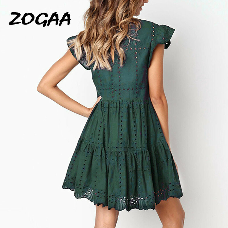 Zogaa-女性の透かし彫りトラペーズミニドレス,フリルスリーブ,ベーシックなビーチウェア,ラウンドカラー,サマーコレクション