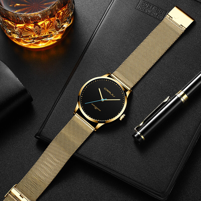 CRRJU – montre de luxe en acier inoxydable pour homme, montre-bracelet étanche à Quartz, couleur noir et or