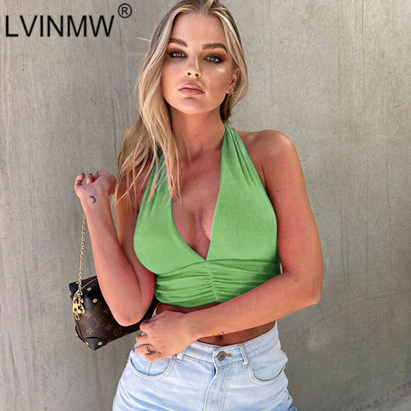 LVINMW-Camiseta sin mangas con cuello en U Top corto ajustado Mujer.. 