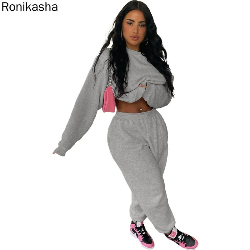 Ronikasha 2 Piece Sets Womens Outfits Tracksuit Solid Long Sleeve Crop Tops + Joggers Pants Suit Sportwear Autumn Matching Set