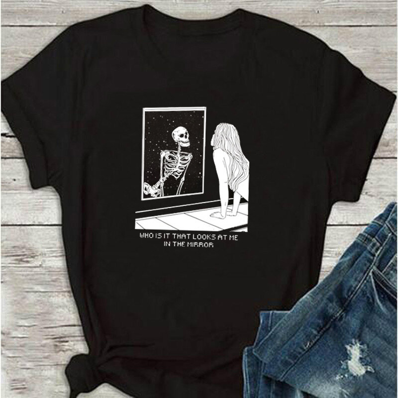 Camiseta para mulheres pretas do presente do t-shirts dos desenhos animados do crânio do estilo do punk