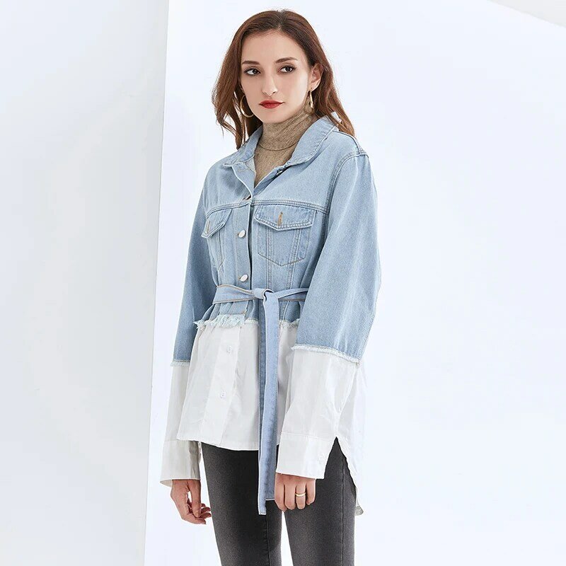 TWOTWINSTYLE Patchwork Hit Color Women's Denim Coat Lapel Collar Lace Up Bowknot High Waist Slimming For Female Jacker Coats New