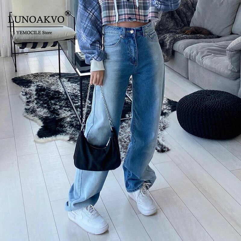Calça jeans grunge feminina estampada de cintura alta, streetwear
