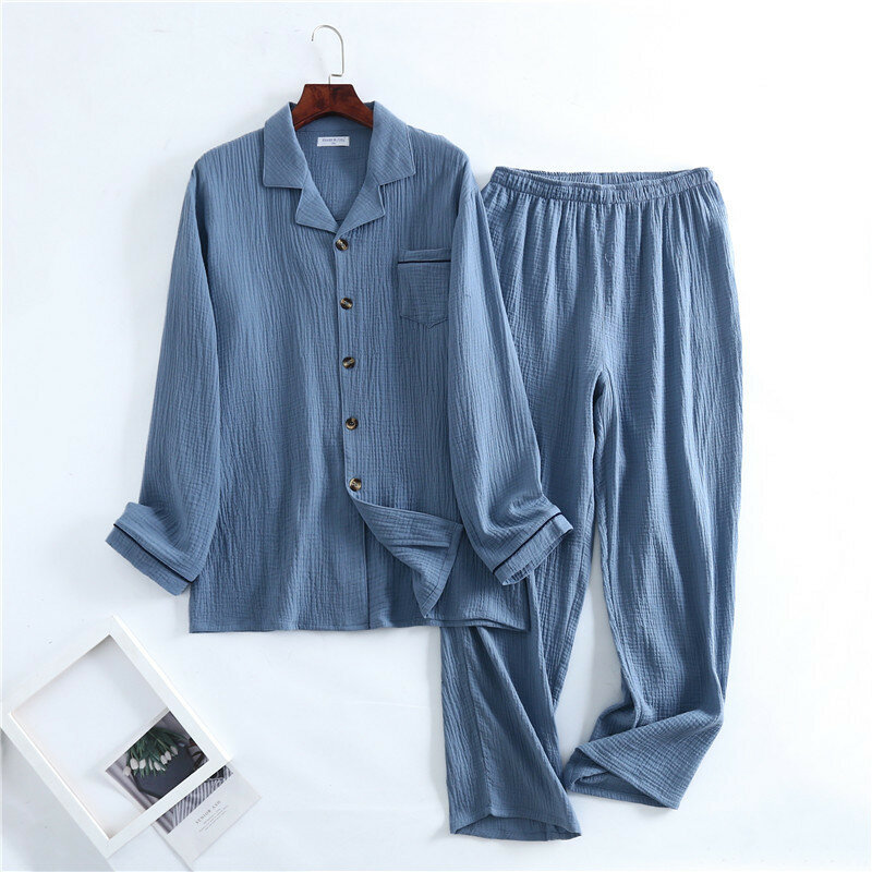 Primavera e outono novos pijamas masculinos calças de manga comprida 100% algodão crepe abotoado plus size conjunto de roupa de dormir lapela