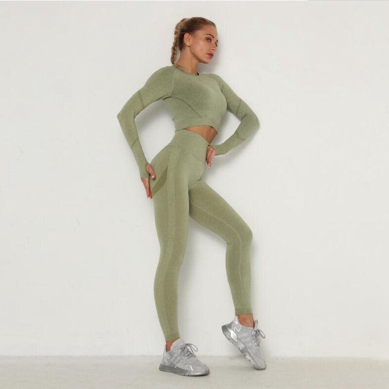 Conjunto de Yoga sin costuras para mujer, Leggings de cintura alta a prueba de sentadillas, camisetas de manga larga, conjuntos deportivos de entrenamiento para Fitness, 2021
